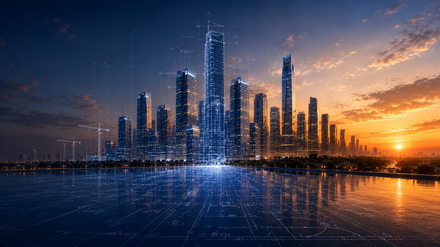 Night skyline of a dense financial district, towers lit against a low sun